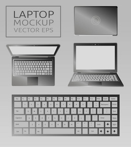 笔记本电脑平面样机在前面的看法。网站、商业、市场和商业的最小平面设计。白色背景上的便携式计算机图标。带有黑色按钮和深色屏幕的独立