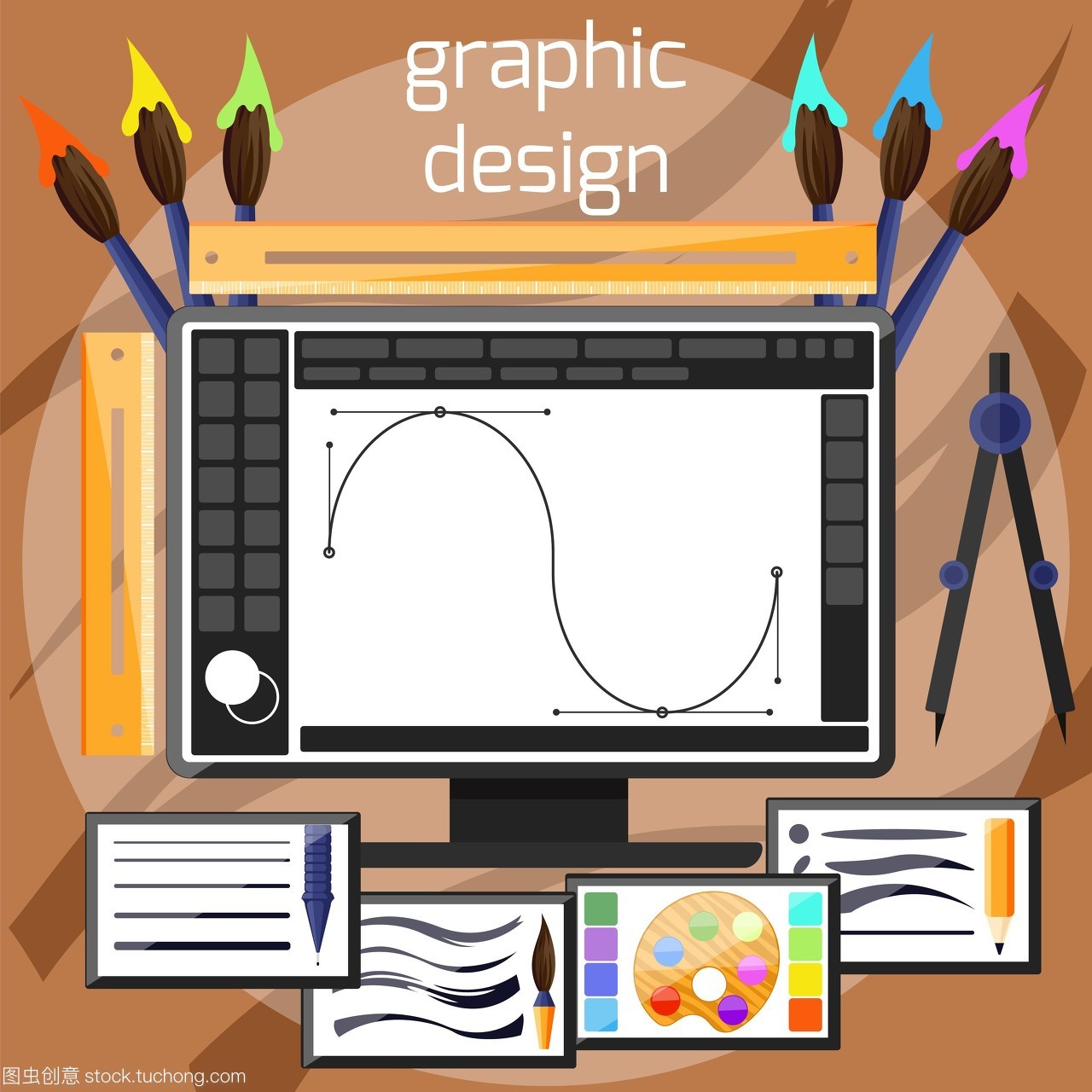 平面设计概念设计师在平面设计与计算机工具和软件设计师包围设备和仪器